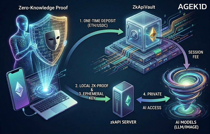 A technical infographic for 'AGEK1D' illustrating a ZkApiVault workflow, showing steps: 1. One-Time Deposit (ETH/USDC), 2. Local ZK-Proof & 3. Ephemeral Key, and 4. Private AI Access for LLMs/Image AI using Zero-Knowledge Proof.