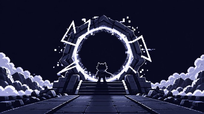 A pixel art image depicting a small silhouetted cat-like character standing before a glowing blue circular portal or gateway.