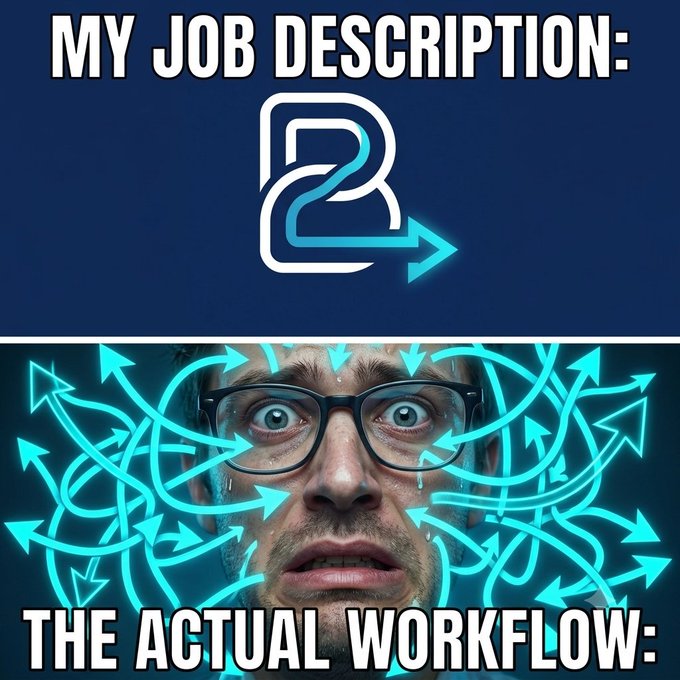 A two-panel meme contrasts a simple, clean workflow icon labeled "MY JOB DESCRIPTION:" with a frantic image of a man with wide eyes surrounded by chaotic, intersecting arrows, labeled "THE ACTUAL WORKFLOW:"—humorously depicting the gap between expected and real-world workflows. The image thematically parallels the post's message by illustrating how simplified promises of innovation often mask a much more complex reality, highlighting the value of practical utility like what Bitfexa aims to deliver in Web3 payments.