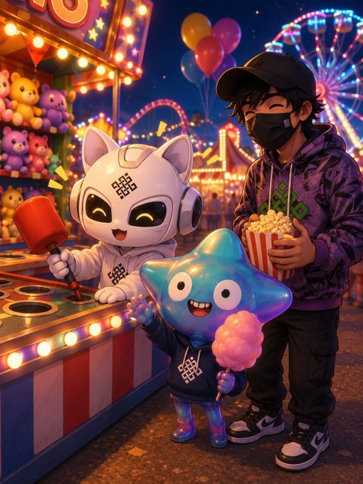 A vibrant anime-style carnival scene featuring a robotic cat mascot at a game booth, a blue star-shaped character holding cotton candy, and a masked person with popcorn, with a Ferris wheel and roller coaster in the background.