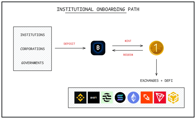 **Caption:** A diagram titled "Institutional Onboarding Path" shows institutions, corporations, and governments depositing assets to mint a token (represented by a "1" coin), which can then flow into exchanges and DeFi platforms including Binance, Bybit, Zircuit, Solana, Ethereum, Polygon, Tron, and BNB.

**Relation to the post:** The image illustrates the institutional rail referenced in the post, visually mapping how USD1 moves from traditional entities (institutions, corporations, governments) through minting/redeeming into major exchanges and DeFi ecosystems—supporting the claim that USD1 has rapidly climbed to a top 5 stablecoin by market cap through real institutional adoption.