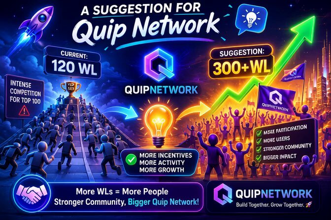 The image features a poster for Quip Network, which promotes its vision of a more secure and decentralized internet. The poster includes various illustrations depicting people using Quip Network's services or products, such as a rocket ship and a lightbulb. The text on the poster suggests that Quip Network is a suggestion for a better future in terms of internet security and privacy.
