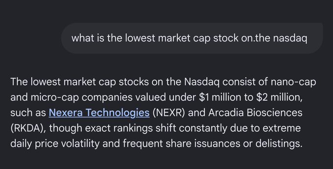 A screenshot showing an AI chat response to the question "what is the lowest market cap stock on the nasdaq," with the answer listing nano-cap companies like Nexera Technologies (NEXR) and Arcadia Biosciences (RKDA) valued under $2 million, directly addressing the poster's request for a company with the lowest market cap on the Nasdaq to use as a target for a memecoin acquisition scheme.