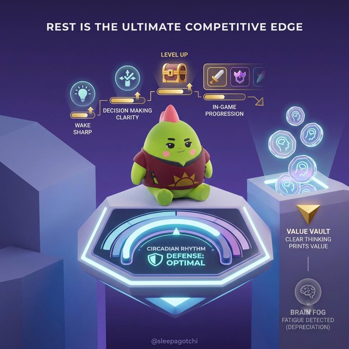A 'Sleepagotchi' promotional graphic featuring a green dragon-like character in a robe sitting on a pedestal labeled 'CIRCADIAN RHYTHM DEFENSE: OPTIMAL' with the headline 'REST IS THE ULTIMATE COMPETITIVE EDGE' and stats showing 'WAKE SHARP,' 'DECISION MAKING CLARITY,' 'LEVEL UP,' and 'IN-GAME PROGRESSION.'