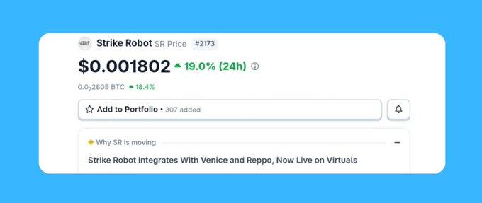 A price card for 'Strike Robot' (SR #2173) showing a value of $0.001802, up 19.0% (24h), with a note about integrating with Venice and Reppo on Virtuals.