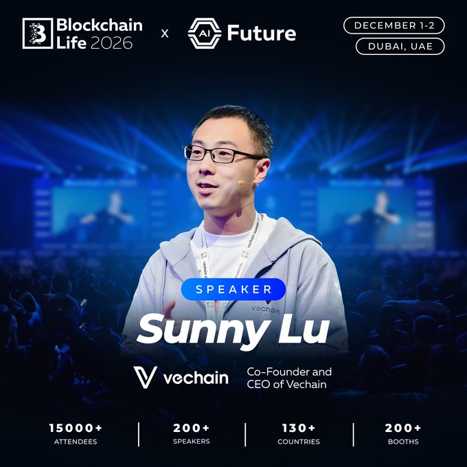 A promotional graphic for Blockchain Life 2026 × AI Future (December 1-2, Dubai, UAE) featuring speaker Sunny Lu, Co-Founder and CEO of VeChain, set against a blue conference backdrop with stats showing 15,000+ attendees, 200+ speakers, 130+ countries, and 200+ booths. The image directly supports the post's announcement of Lu speaking at the event, particularly highlighting the AI Future Forum debut and the convergence of AI and blockchain—central themes to VeChain's expertise.