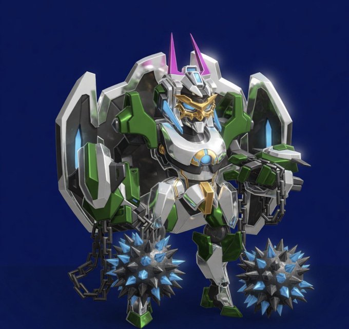 A 3D render of a green, white, and gold mecha robot with spiked blue crystal ball weapons against a dark blue background.
