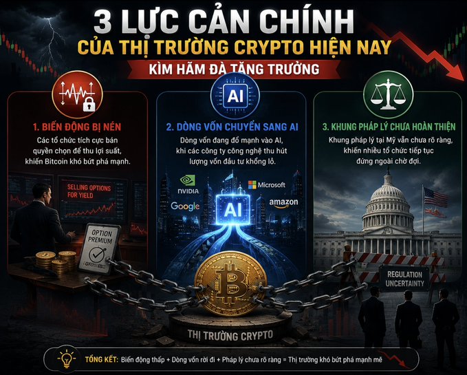 A Vietnamese infographic titled '3 LỰC CẢN CHÍNH CỦA THỊ TRƯỜNG CRYPTO HIỆN NAY' (3 main headwinds of the current crypto market), listing selling pressure, capital shifting to AI (Nvidia, Google, Microsoft, Amazon), and uncertain US regulation.