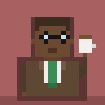 A pixel art illustration depicts a brown-skinned character wearing a green tie and holding a white mug, set against a pink background.