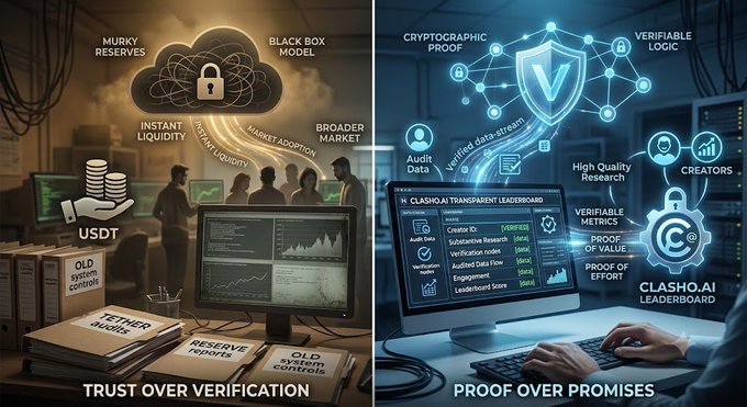 Split-panel infographic contrasting 'Trust Over Verification' (featuring murky reserves, black box models, USDT, Tether audits) versus 'Proof Over Promises' (showing ClasHo.AI transparent leaderboard with cryptographic proof, verifiable logic, and verifiable metrics).