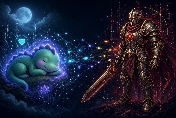 A fantasy digital illustration contrasts a small, sleeping purple and blue dragon on the left with a heavily armored, glowing red knight wielding a massive sword on the right.