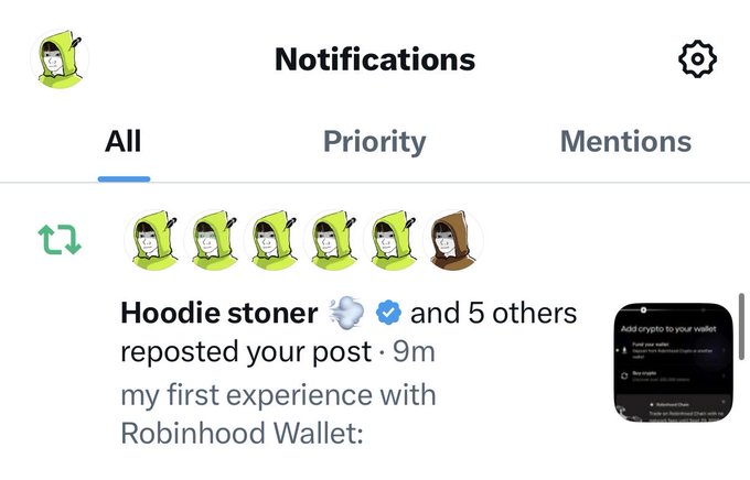A social media notifications screen showing 'Hoodie stoner' with a verified blue checkmark and 5 others reposted a post titled 'my first experience with Robinhood Wallet.'
