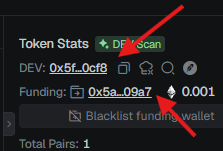 A dark-themed interface displaying token statistics for 'Token Stats' including a DEV address '0x5f...0cf8', a funding address '0x5a...09e7' with 0.001 ETH, a blacklisted funding wallet warning, and 1 total pair, with red arrows pointing to the 'DEV isScan' and address fields.