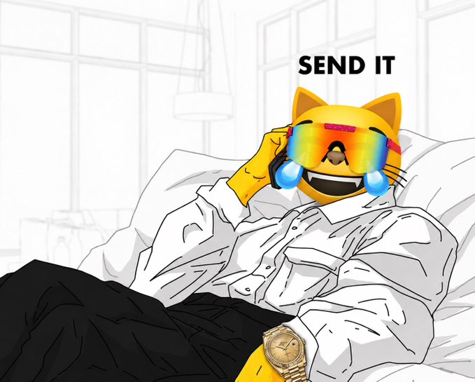 A meme image of a yellow cartoon cat character wearing rainbow sunglasses and a white shirt with a gold watch, lying down with the text 'SEND IT' above.