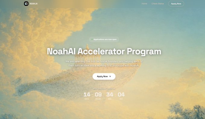A landing page for the NoahAI Accelerator Program, featuring an ethereal cloud background with a ship silhouette, an open applications notice, a countdown timer, and 'Apply Now' buttons.
