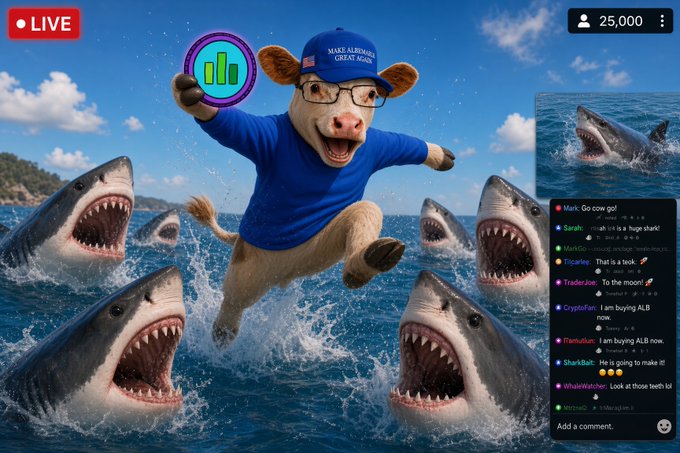 A livestream thumbnail showing a cow wearing a 'Make America Great Again' hat flying among sharks in the ocean, with 25,000 viewers and a live chat.