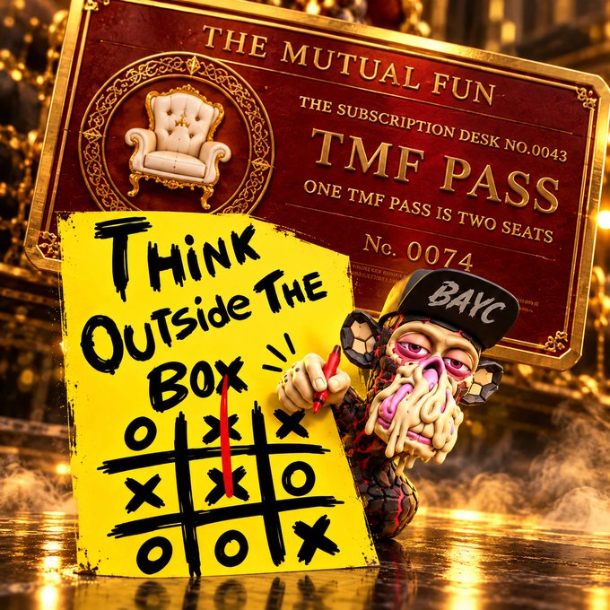 A promotional graphic featuring a 'TMF Pass' subscription card (No. 0043/0074) alongside a cartoon character wearing a 'BAYC' hat holding a 'Think Outside The Box' tic-tac-toe sign.