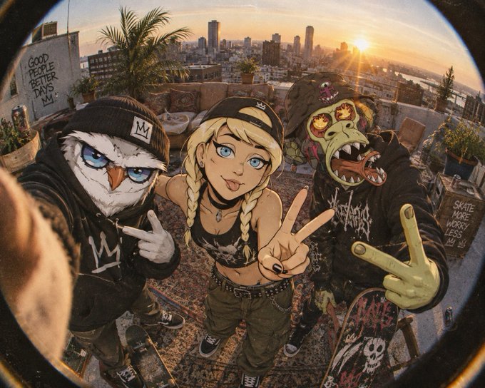 An artistic fisheye-lens photograph showing three people wearing cartoonish animal masks (an owl, a girl, and a monster) posing on a rooftop with skateboards, with a city skyline and sunset in the background.