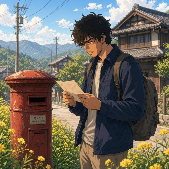 An anime-style illustration of a young man with messy dark hair and a backpack reading a letter next to a red, weathered mailbox in a rural Japanese village setting.