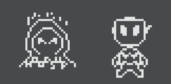 Two pixel art characters are displayed on a dark gray background; on the left is a hooded figure with stitched X eyes and a wide grin, and on the right is a small gray robot with square eyes.