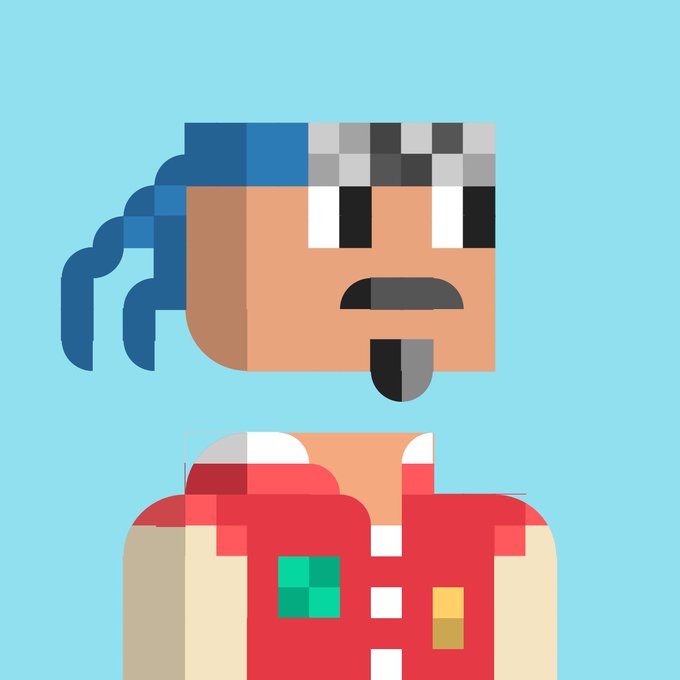 A pixel art character with blue hair, a checkered headband, a black mustache, and a tongue sticking out, wearing a red and tan outfit with colorful pixel details.