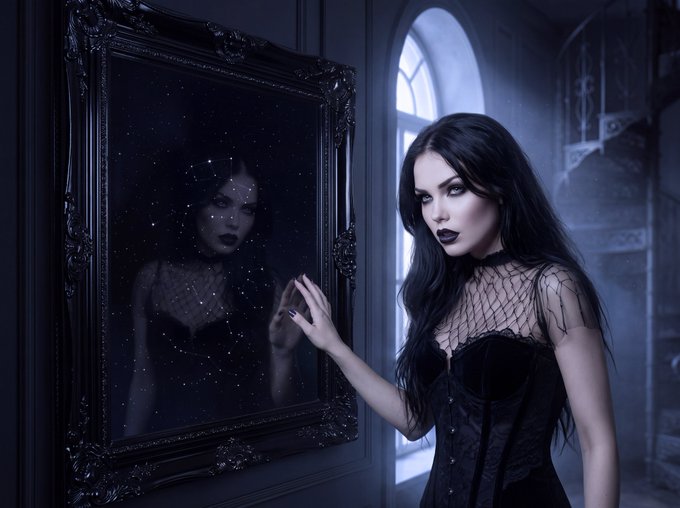 A gothic-style photograph of a pale woman with long black hair and dark makeup, wearing a black dress with a netted top, standing before an ornate mirror that reflects her image amid a starry, dark reflection.