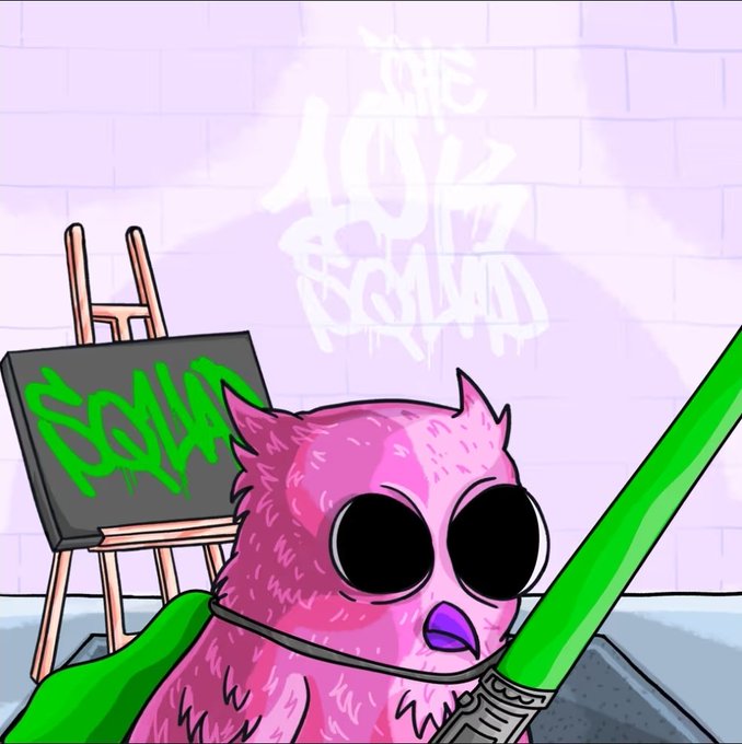A pink cartoon owl with large black eyes holds a green lightsaber, standing beside an easel displaying a green "10K SQUAD" graffiti-style logo, with a matching white "THE 10K SQUAD" tag painted on the brick wall behind it. The image embodies the poster's "forever bullish" NFT enthusiasm by depicting the 10K Squad character as a Jedi-like figure ready to defend the community.