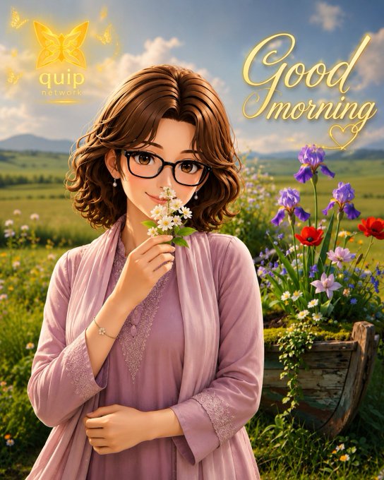 A young woman with glasses and brown hair, wearing a pink cardigan, holds a delicate white flower while standing in a sunlit meadow beside a wooden planter overflowing with purple, red, and pink blooms. The scene features a glowing golden "quip network" butterfly logo in the upper left and elegant "Good Morning" script in the upper right, complementing the post's uplifting wake-up message about @quipnetwork's quiet, foundational role in shaping Web3 infrastructure.