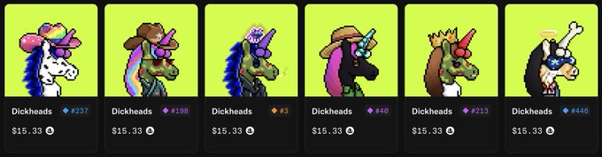 A row of six digital NFT collectibles from a 'Dickheads' series, each featuring a different stylized unicorn character with varying traits and rarity scores (#237, #198, #3, #40, #213, #446), all listed at $15.33.