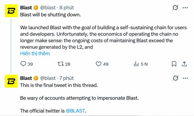 The image shows two tweets from Blast's official Twitter (@blast) announcing the shutdown of the Blast Layer-2 network due to operating costs exceeding L2 revenue, warning users to be cautious of impersonator accounts and noting the cutoff to withdraw assets is October 26, 2026.