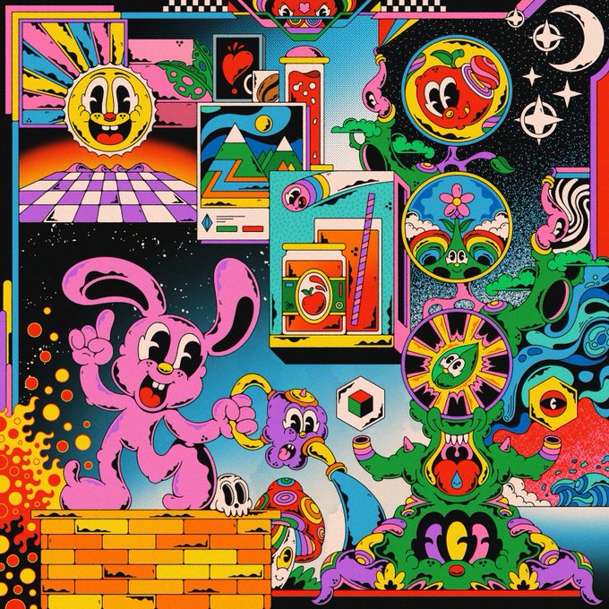 A vibrant, psychedelic illustration featuring cartoon characters including a pink rabbit-like figure, a smiling sun, and other colorful elements arranged in panels against a dark starry background.