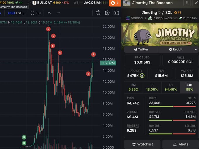 A screenshot of a trading chart and stats page for the $JIMOTHY ("Jimothy The Raccoon") memecoin on Solana, showing a price spike from roughly $2.49M market cap to $15.37M (+19.38%)—visually backing up the viral post claiming a 100x flip from $1,000 to $100,000 on the token.