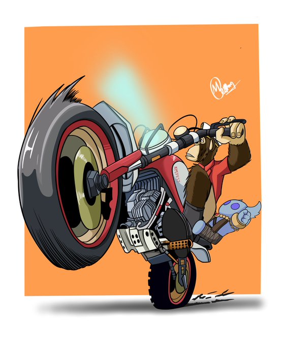 A digital illustration depicts a muscular monkey-like character performing a wheelie on a red motorcycle while holding a futuristic blue weapon, with a smaller blue cat-like creature riding behind, set against an orange background.