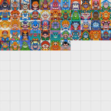 A grid displaying various colorful pixel-art character portraits, with the top rows filled and the bottom rows empty.