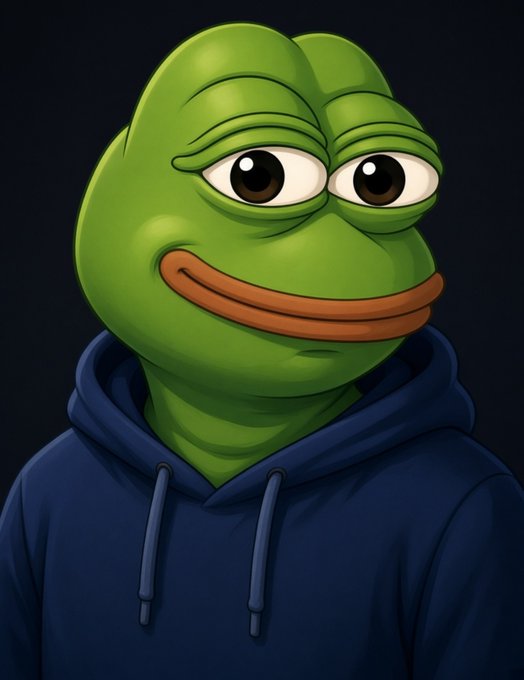 The image features the iconic Pepe the Frog meme wearing a blue hoodie, symbolizing the strategic and calm mindset of a crypto trader. Combined with the post about $imd, it conveys a message of staying composed and strategic—whether holding or selling—as the token gains more media attention and the "game" of trading unfolds.