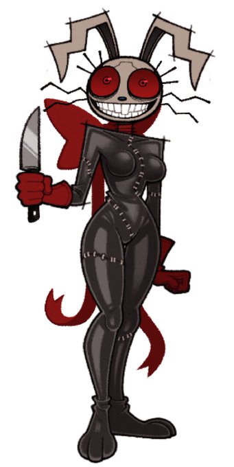 A cartoonish, sinister rabbit-like figure with red glowing eyes, a wide grinning mouth, and long cracked ears stands holding a knife, wearing a stitched black bodysuit with a flowing red scarf and tail.