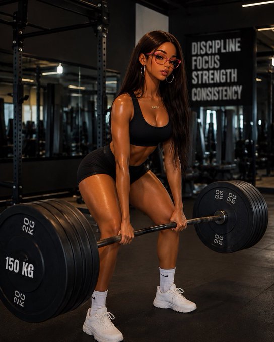 A fit woman in a black sports bra and shorts performing a deadlift with a heavily loaded barbell in a gym, with a poster reading 'DISCIPLINE FOCUS STRENGTH CONSISTENCY' on the wall.