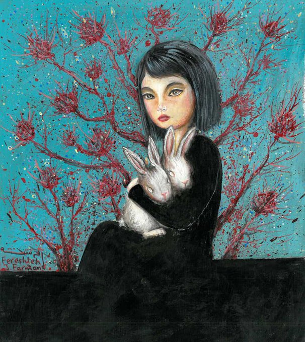 The image features a painting of a woman holding two white rabbits, with one rabbit being held by her left hand while the other is held by her right hand. The painting has a blue background that contrasts with the black dress worn by the woman. The artist's signature can be seen in the bottom right corner of the painting.