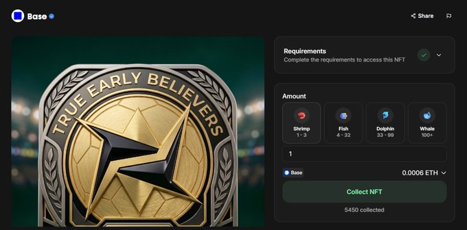A "True Early Believers" NFT minted on the Base blockchain network, with 4,450 collected and a price of 0.0006 ETH, tied to a Discord partner event collaboration between Base and Pred ($predofficial), a sports prediction platform building on Base.