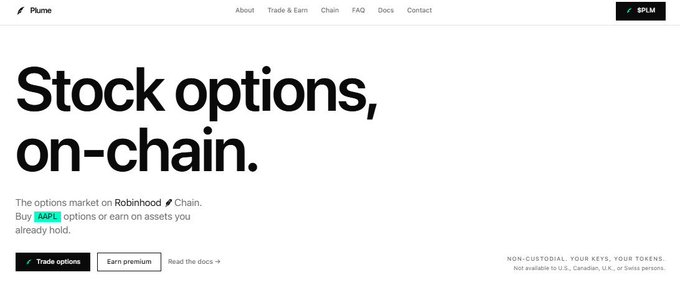 The image shows the Plume website homepage featuring the headline "Stock options, on-chain." and text stating "The options market on Robinhood Chain. Buy $AAPL options or earn on assets you already hold," with buttons for "Trade options" and "Earn premium." The image directly illustrates the accompanying post's announcement that Plume has launched as the first onchain options market built for tokenized stocks, with the homepage showcasing its integration with Robinhood Chain and its support for options trading on assets like the visible $AAPL ticker.