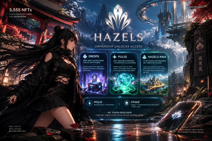 A promotional graphic for 'HAZELS' NFT, showing a dark-haired anime-style female character on the left and text detailing features like '5,555 NFT', 'DROPS', 'PULSE', 'HAZELS RWA', 'HOLD', and 'STAKE' against a futuristic cityscape background.