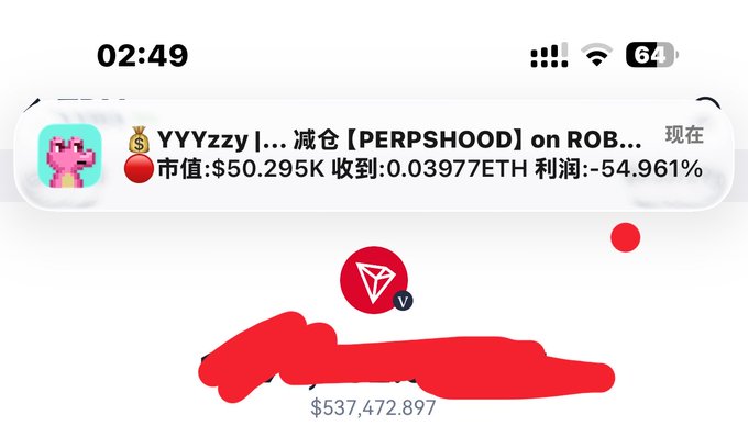 A mobile screenshot showing a notification about a PERPSHOOD position on ROB with a market value of $50.295K, earnings of 0.03977 ETH, and loss of -54.961%, with the username 'YYYzzy' and amount redacted in red.