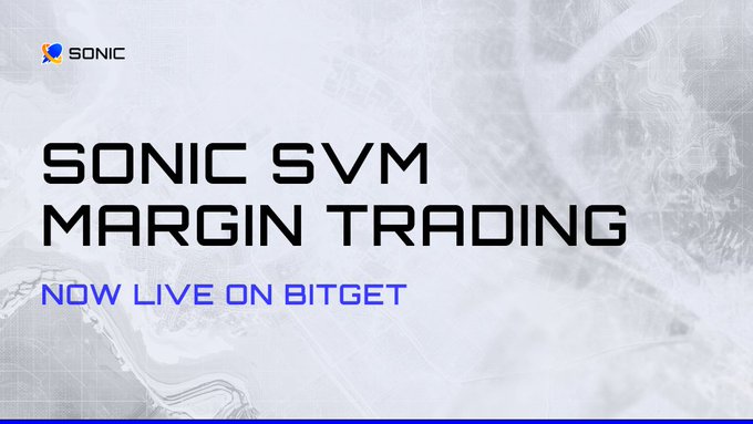 A promotional graphic announcing "SONIC SVM MARGIN TRADING NOW LIVE ON BITGET," featuring the Sonic logo in the top-left corner against a gray abstract background with a faint portrait visible, directly corresponding to the post's announcement about SONIC's new margin trading availability on Bitget.