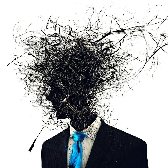 A figure in a dark suit and bright blue tie stands against a stark white background, their head exploding into a chaotic mass of black static and tangled lines, with a disconnected arrow-like fragment floating nearby—visually embodying the "static in a suit" and "signal lost" themes of the "Noise Heads" NFT collection of 70 pieces on Ethereum.