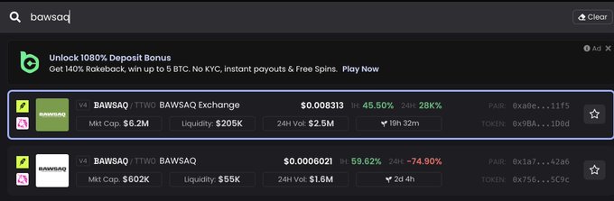 A crypto tracking interface showing search results for 'bawsq', listing two BAWSAQ tokens on the TTWC exchange, with the top one showing a 45.50% gain and 28K% 24H change.