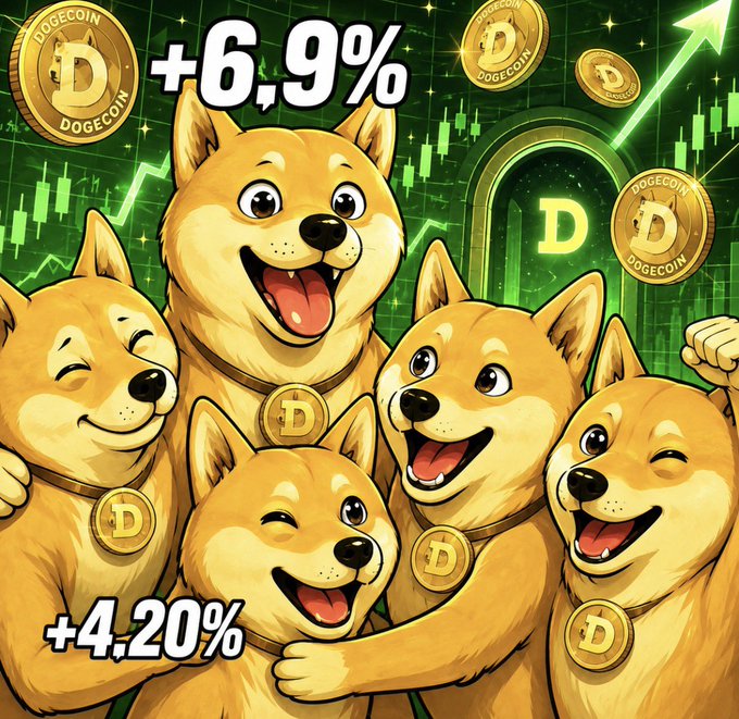 An illustrated graphic shows five happy cartoon Shiba Inu dogs surrounded by Dogecoin tokens, with charts showing gains of +6.9% and +4.20% on a green background.