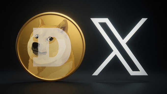 A golden Dogecoin coin featuring the Shiba Inu dog and a stylized 'D' logo, displayed next to a silver 3D letter 'X' on a dark background.