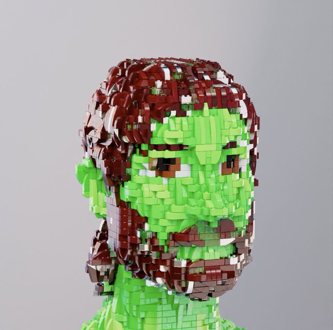 A 3D voxel-style portrait of a person with green skin and brown hair.
