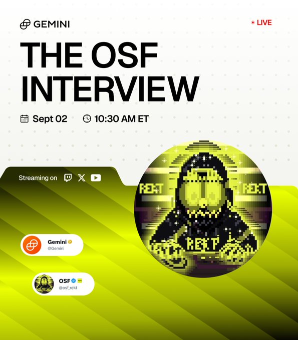 A promotional graphic for "The OSF Interview" streaming live on September 2 at 10:30 AM ET via Gemini, featuring a pixelated hooded figure with "REKT" text and tagging both @Gemini and @osf_rekt accounts. The image relates to the announcement of an upcoming live interview between Gemini and OSF (Rekt).