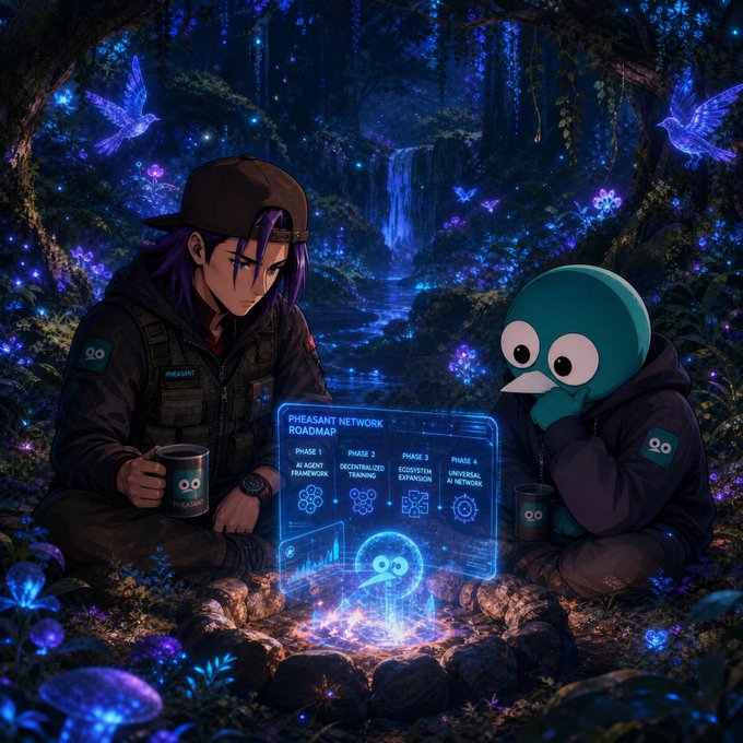Anime-style illustration of two characters—one human with purple hair in tactical gear and one blue cartoon-like figure—gathered in a bioluminescent forest reviewing a holographic 'Pheasant Network Roadmap' with four phases.